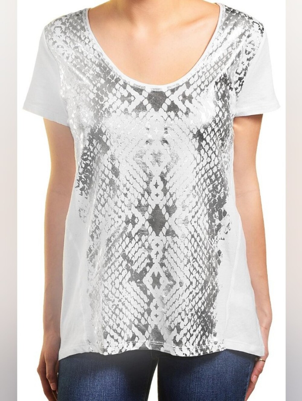 DKNY White Short Sleeve Tee with Silver Snake-Print